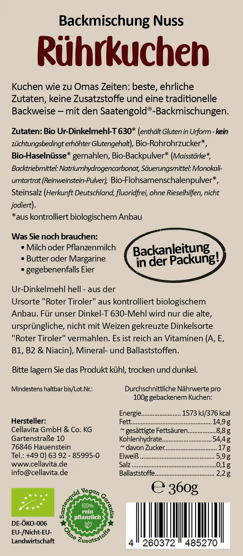 Nusskuchen Backmischung (Bio) Ur-Dinkel hell 360g