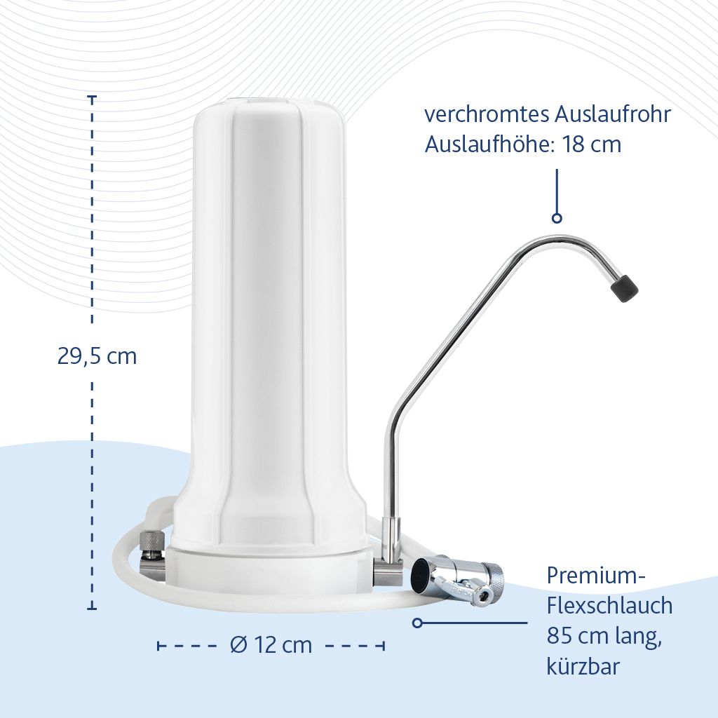 Technische Daten des Alvito Auftischfilters Pure SD mit weißem Filtergehäuse, 29,5 cm Höhe, 12 cm Durchmesser, verchromtem Auslaufrohr mit 18 cm Auslaufhöhe und 85 cm langem, kürzbarem Premium-Flexschlauch.