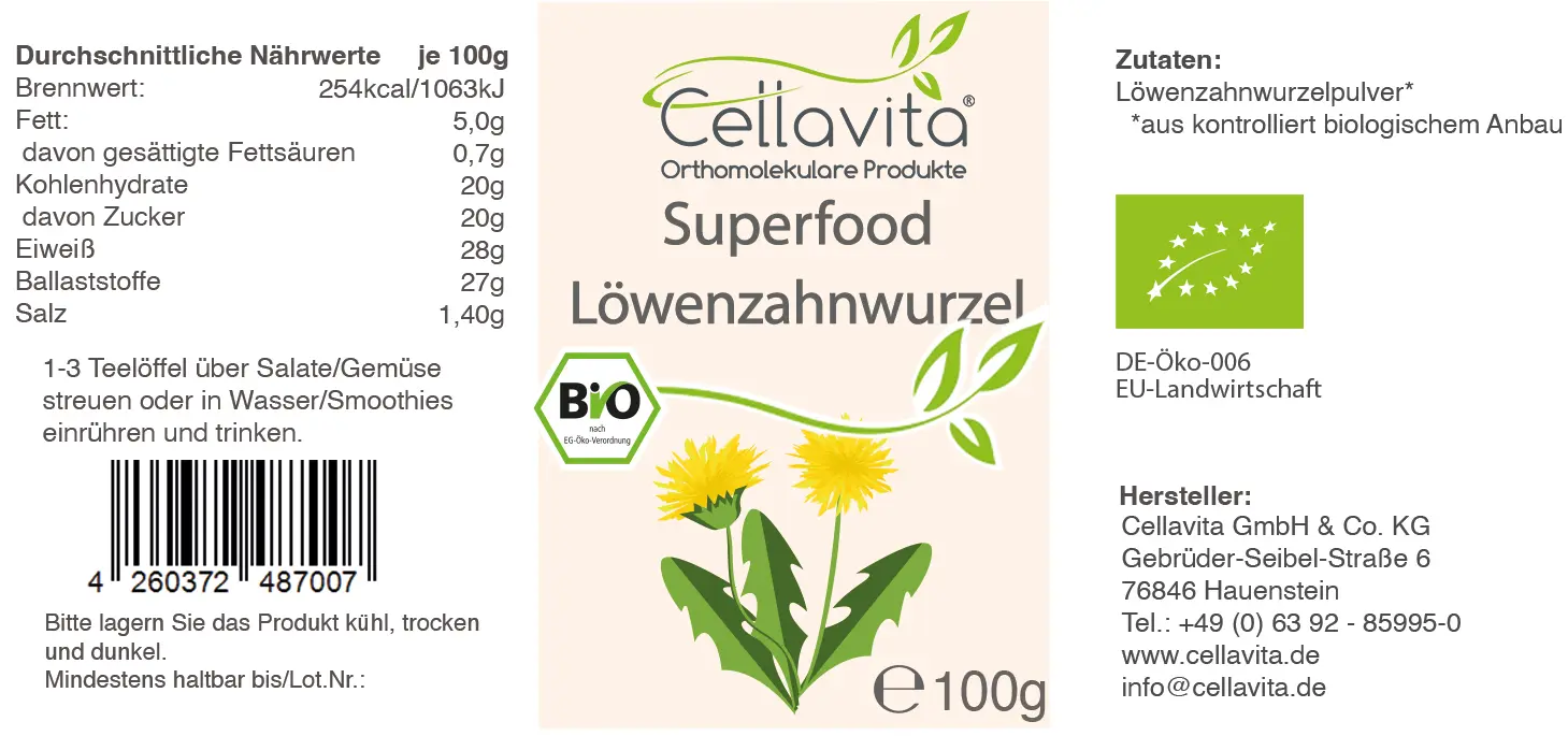 Superfood Löwenzahnwurzel bio Pulver 100g im Glas