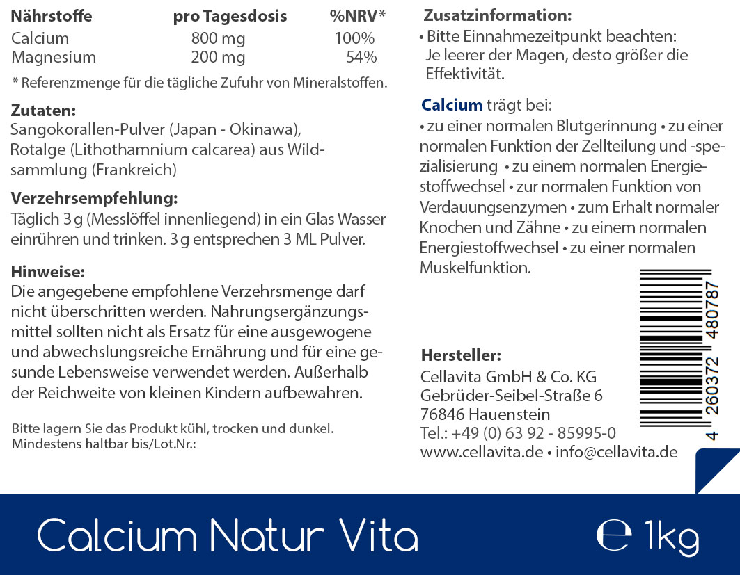 Calcium Natur Vita - Monatsvorrat - Pulver