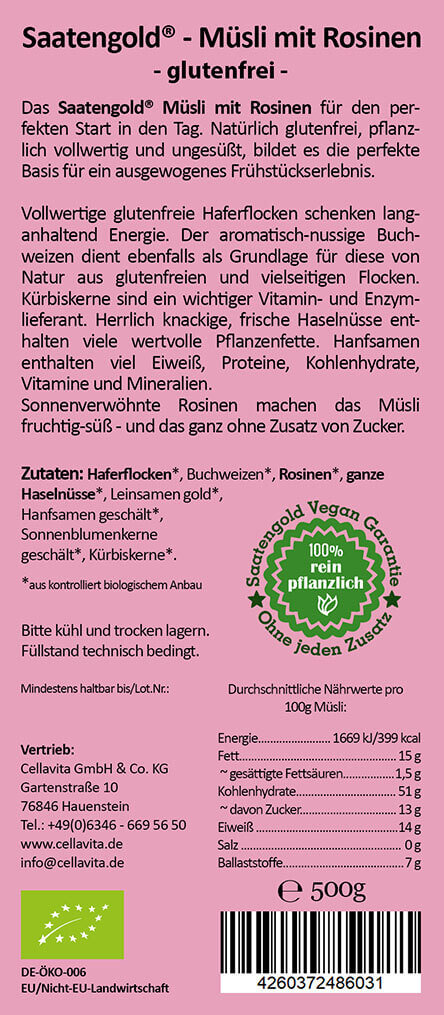 Saatengold® - Bio Müsli mit Rosinen - glutenfrei & vegan - 500g