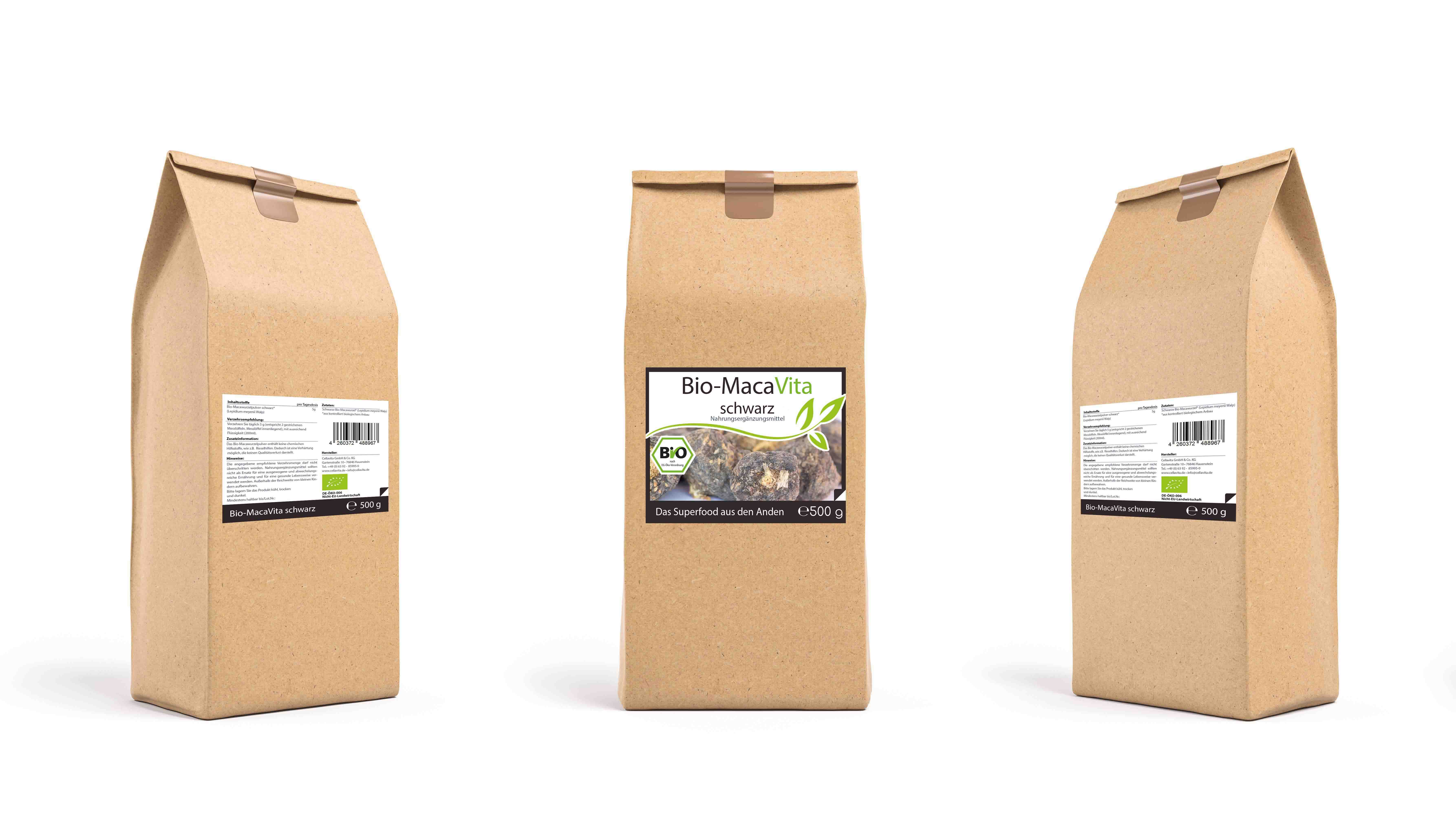 Bio-Maca Vita schwarz (3,5 Monatsvorrat) - 500 g Pulver im Vorratsbeutel