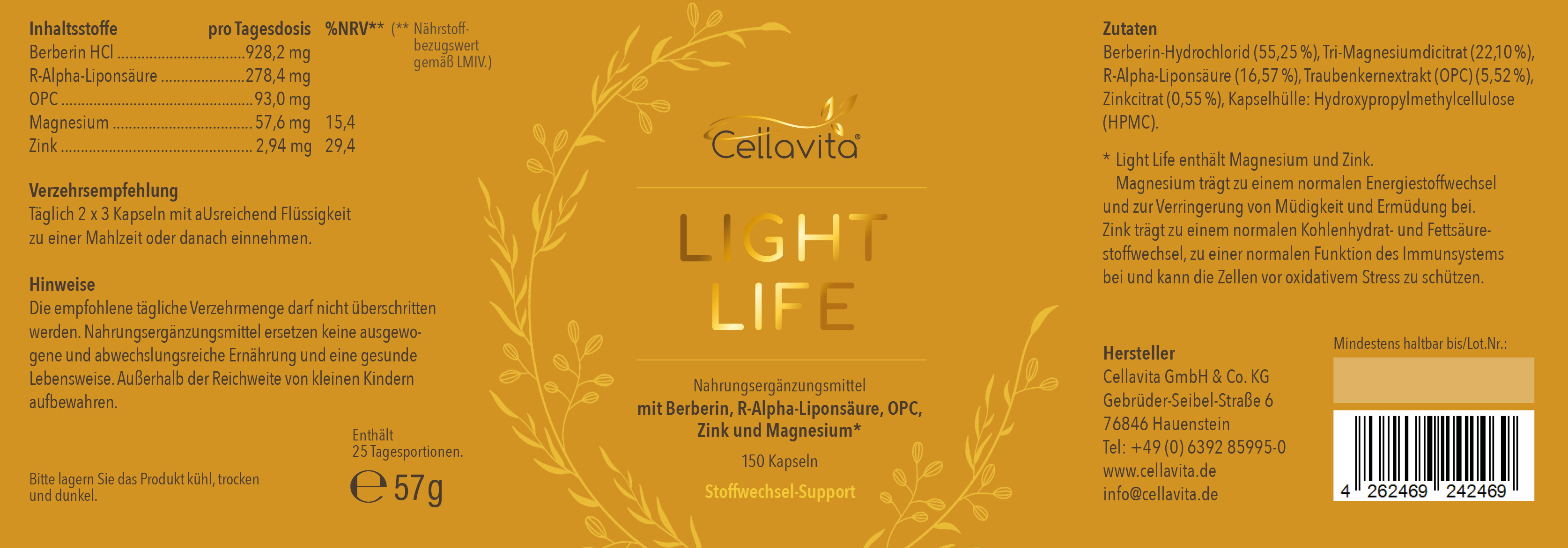 Light Life mit Berberin, R-Alpha-Liponsäure, OPC, Magnesium & Zink