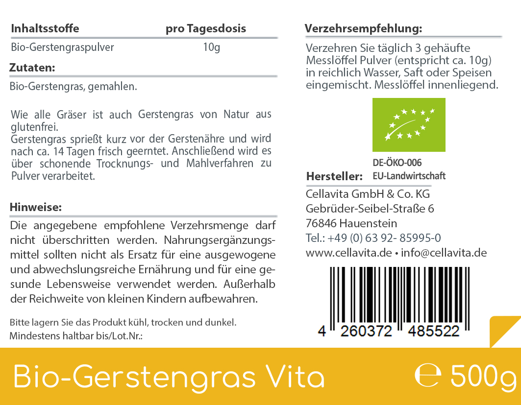 Bio Gerstengras Vita - 500g Pulver im Vorratsbeutel