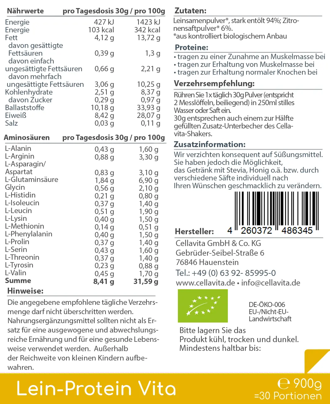 Lein-Protein Vita natürlicher Bio Proteinshake - 30 Portionen - 900g
