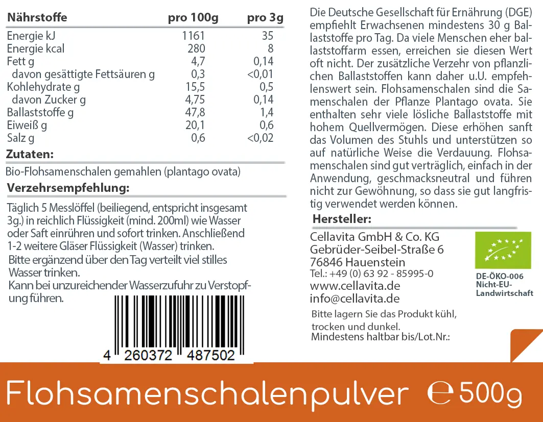 Bio Flohsamenschalenpulver (gemahlen) 