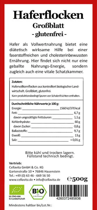 Bio-Haferflocken glutenfrei Großblatt 500g