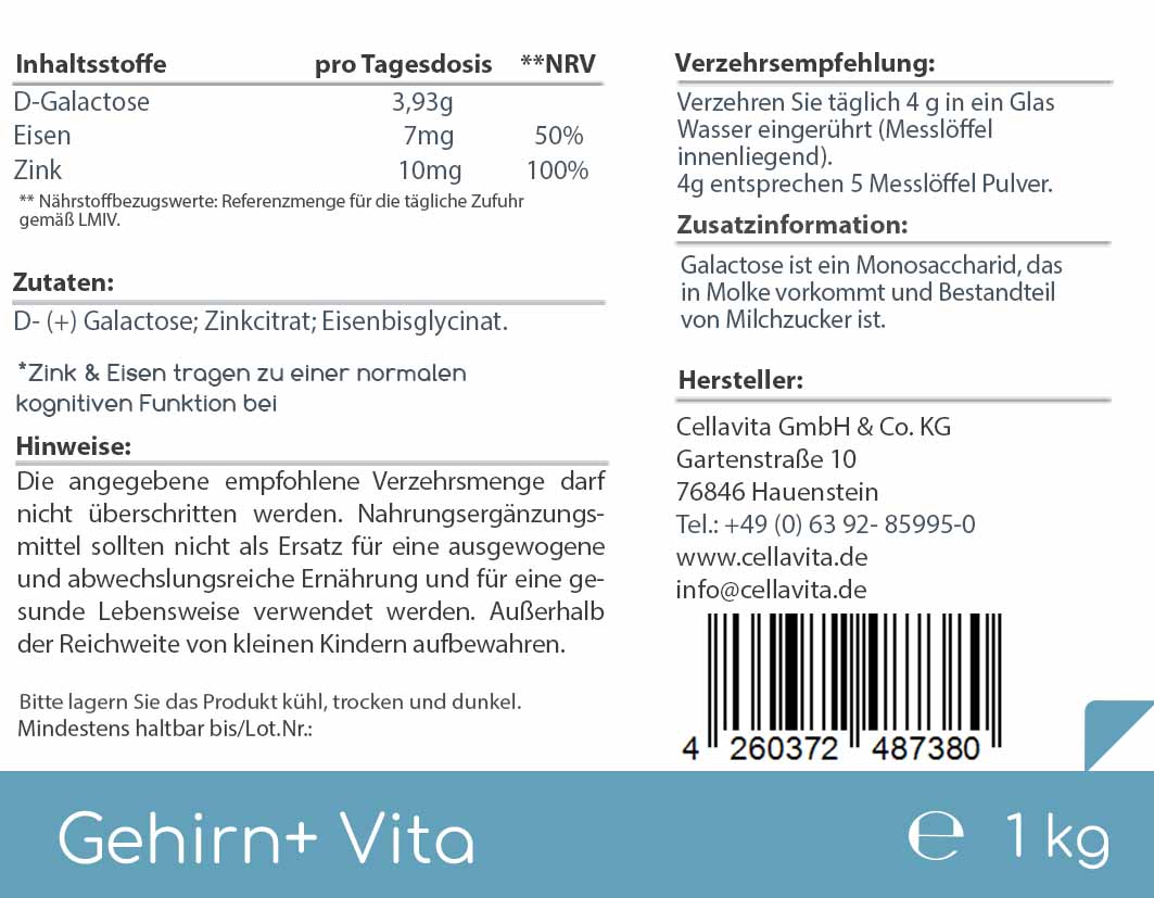 Gehirn+ Vita Pulver (mit D-Galactose, Eisen & Zink)