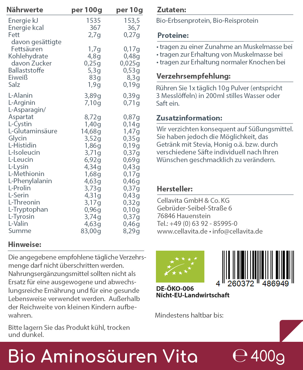 Bio Aminosäuren Vita (natürliche Aminosäuren & Proteine) 