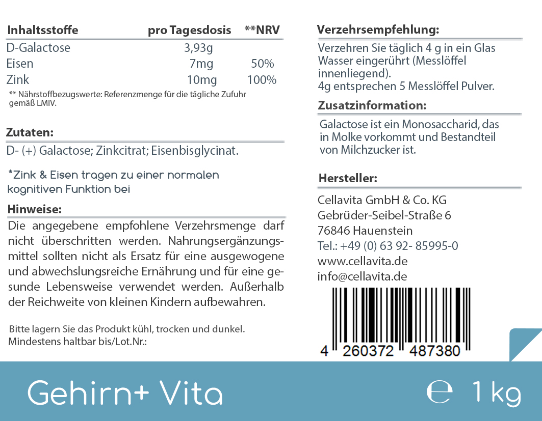 Gehirn+ Vita Pulver (mit D-Galactose, Eisen & Zink)