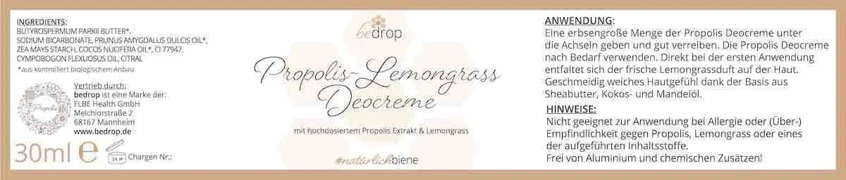 Festes Propolis Deo / Deocreme mit Lemongrass - 30ml