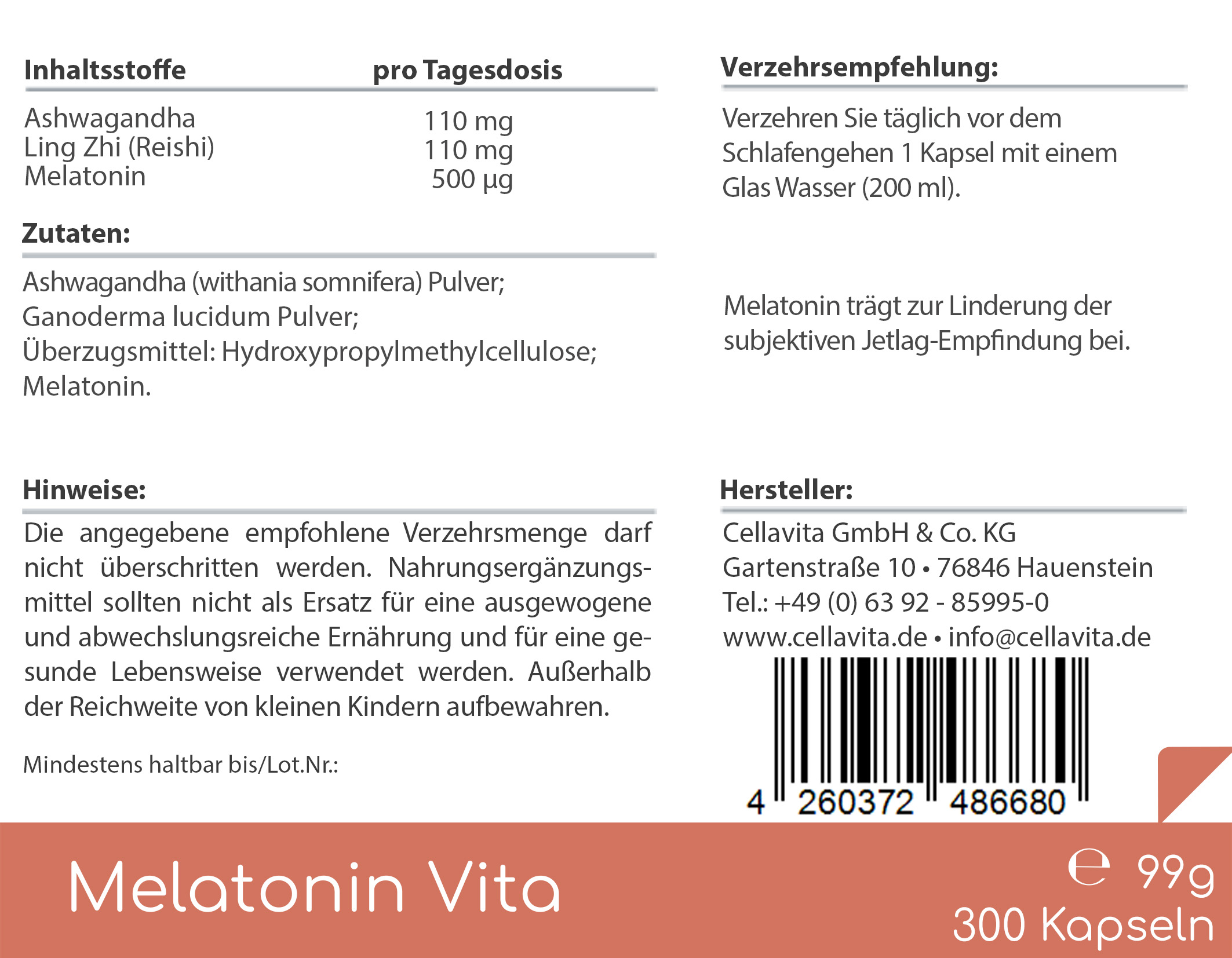 Melatonin Vita mit Ashwagandha & Ling Zhi Kapseln