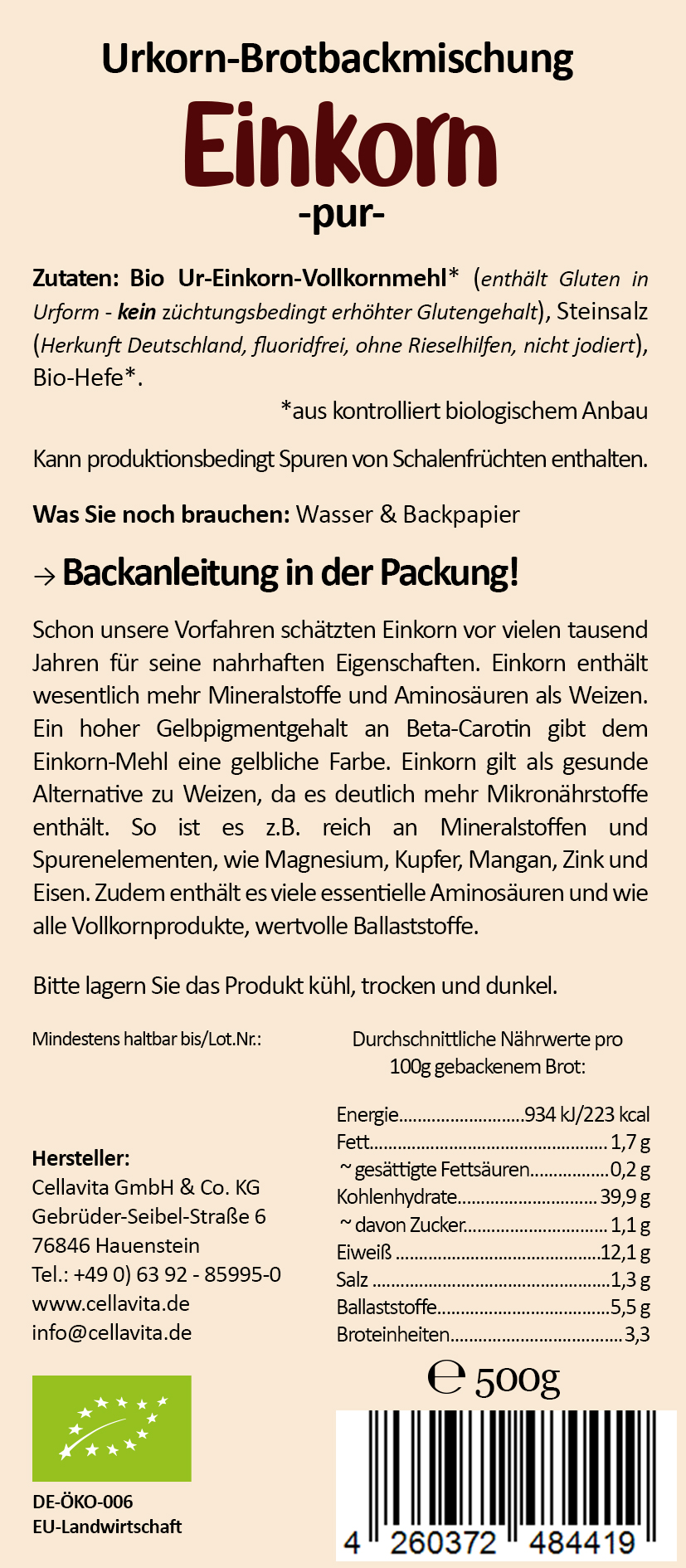 Mehl-Brotbackmischung (Bio) Einkorn pur 500g