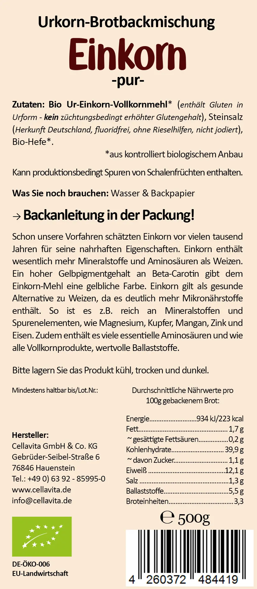 Mehl-Brotbackmischung (Bio) Einkorn pur 500g