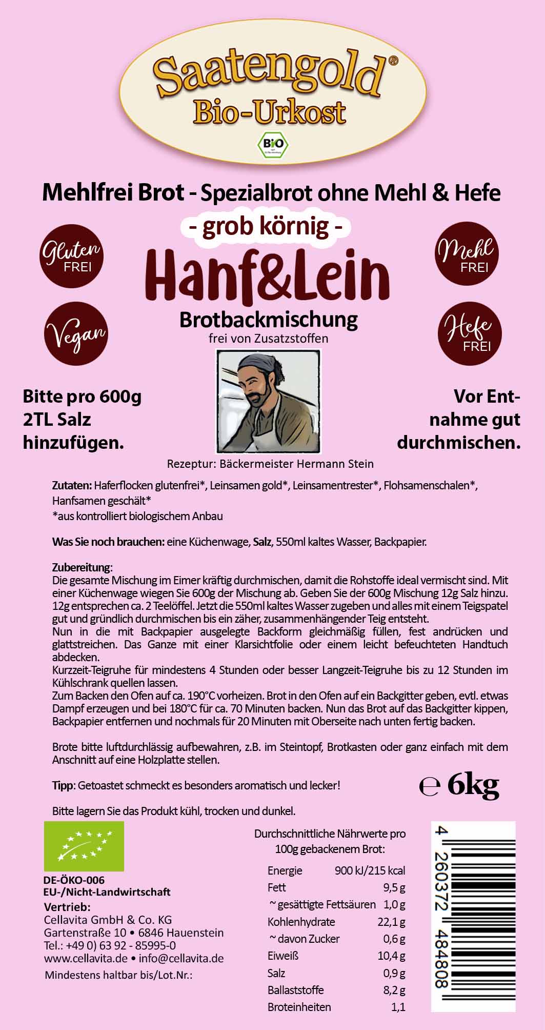 Mehlfreibrot Hanf & Lein -grob körnig- Bio Brotbackmischung 