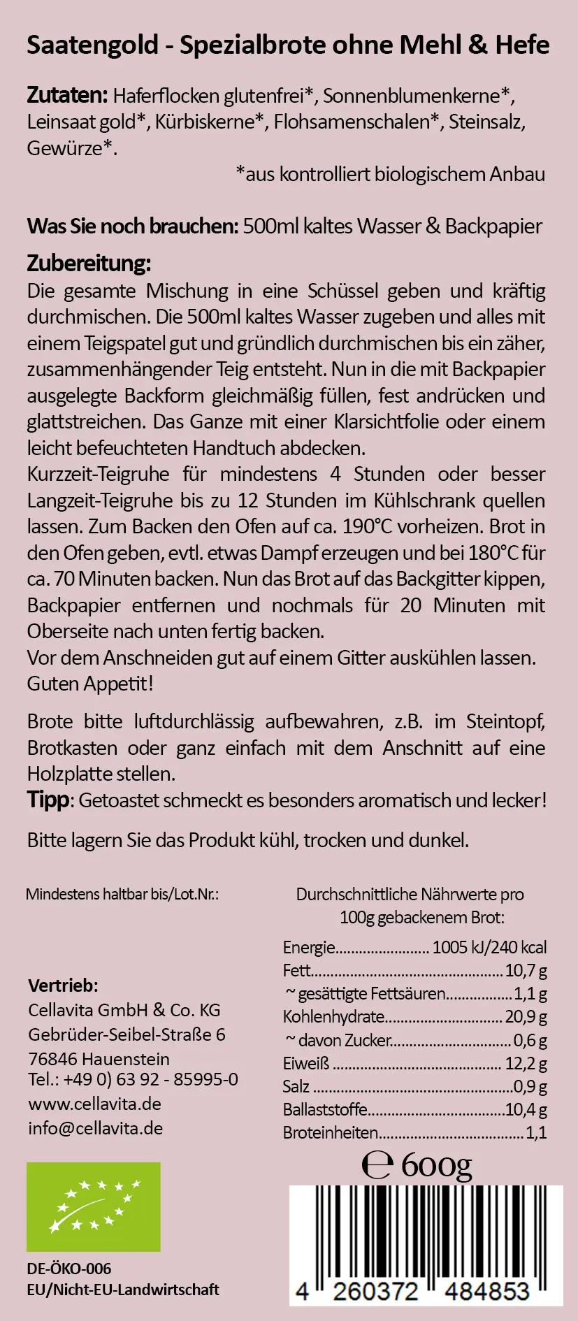 Mehlfreibrot Sonnenkraft -grob körnig- Bio Brotbackmischung 