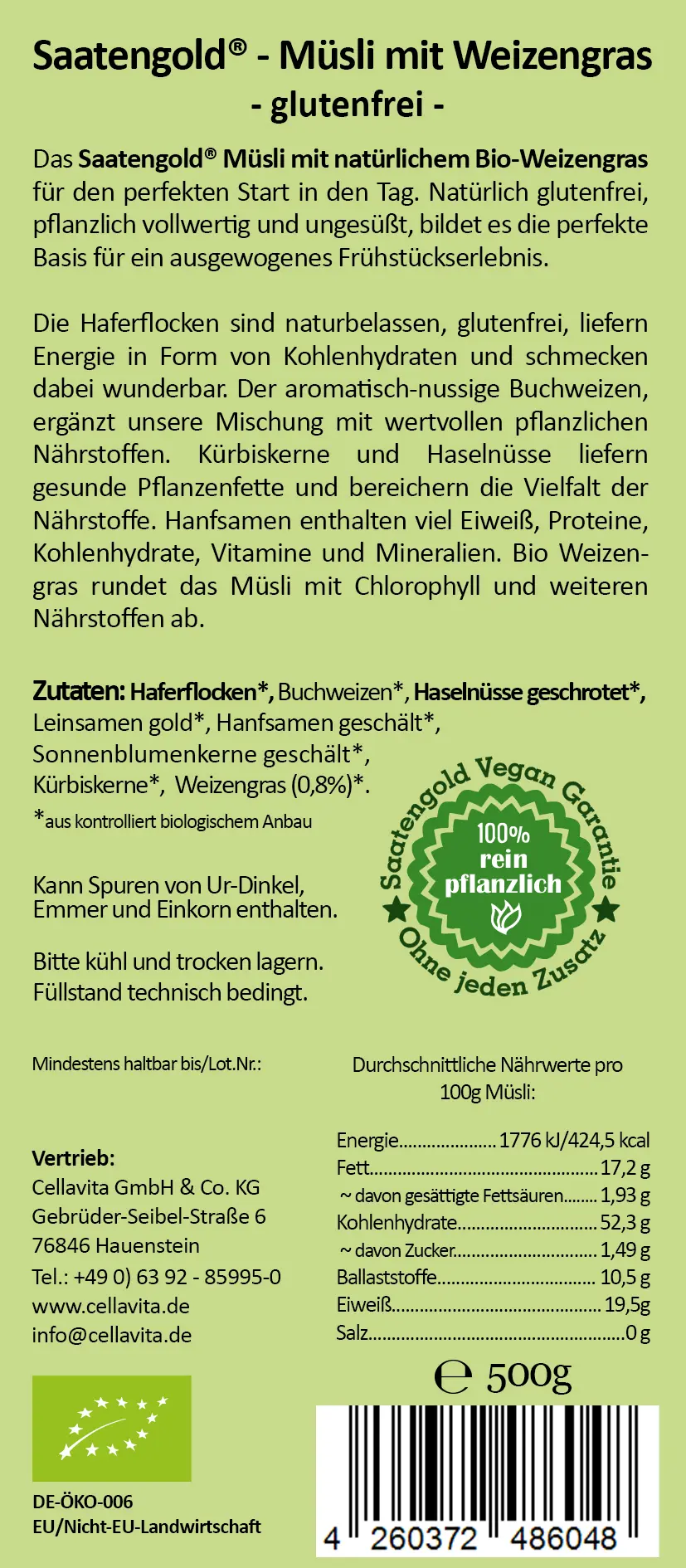 Saatengold® - Bio Müsli mit Weizengras - glutenfrei & vegan - 500g