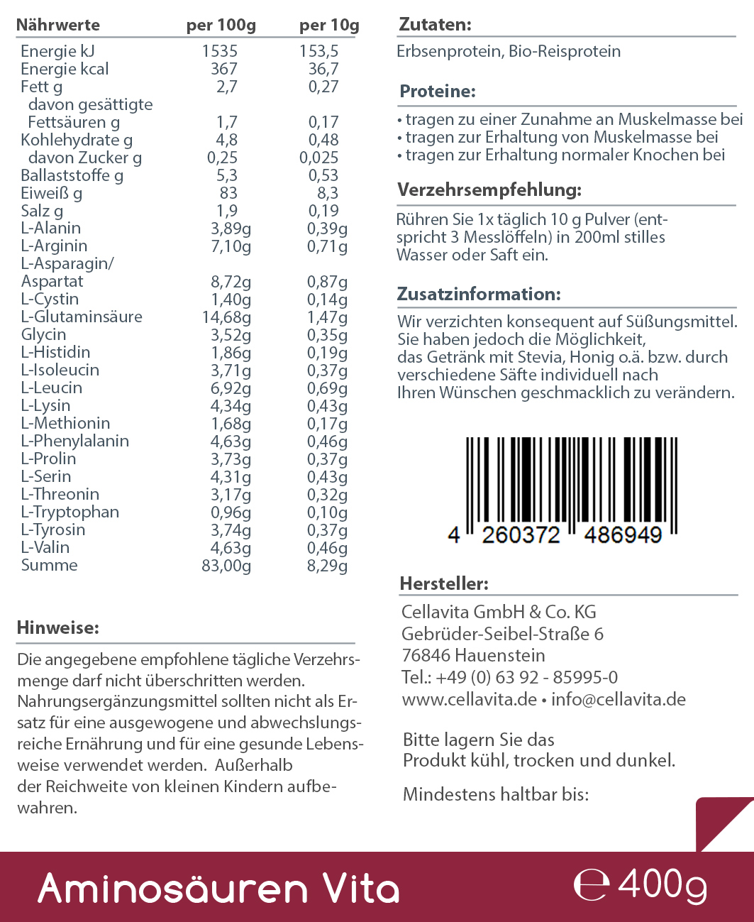 Bio Aminosäuren Vita (natürliche Aminosäuren & Proteine) 