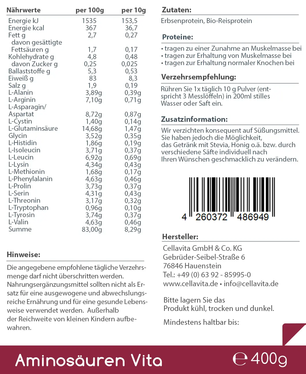 Bio Aminosäuren Vita (natürliche Aminosäuren & Proteine) 