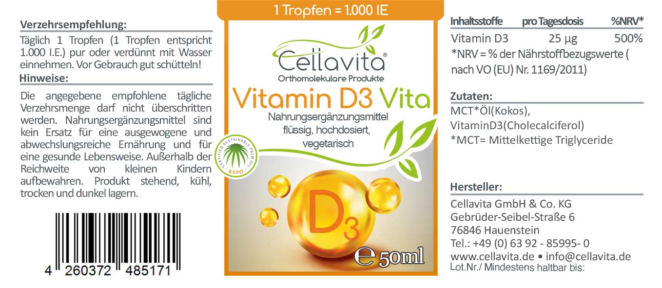 Vitamin D3 Vita 50ml (1 Tropfen = 1.000 IE) hochdosiert