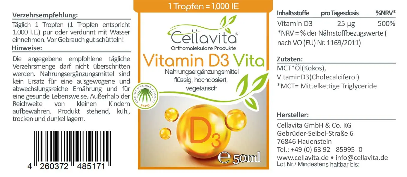Vitamin D3 Vita 5x 50ml (1 Tropfen = 1.000 IE) hochdosiert Vorteilspaket