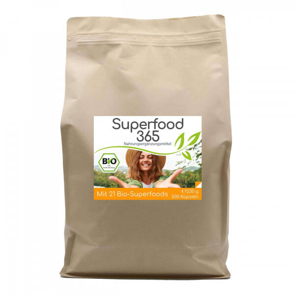 Superfood 365 Bio &quot;Neue Rezeptur&quot; - mit 21 Bio-Superfoods 500 Kapseln Vorratsbeutel