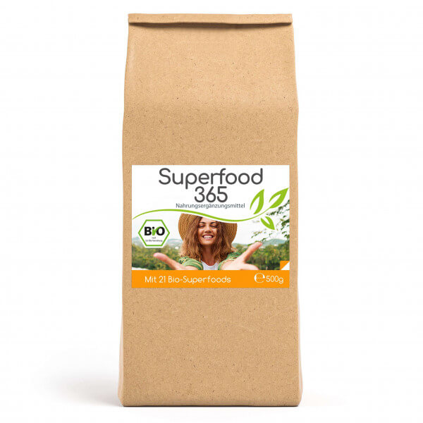 Superfood 365 Bio "Neue Rezeptur" - mit 21 Bio-Superfoods 125 Tagesvorrat 500g Pulver Vorratsbeutel