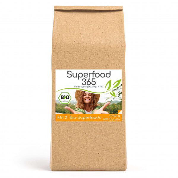 Superfood 365 Bio "Neue Rezeptur" - mit 21 Bio-Superfoods 500 Kapseln Vorratsbeutel