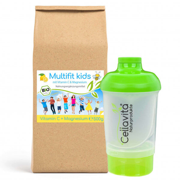 Multifit kids Vitamin C & Magnesium 500g Pulver | Bio Getränkepulver zum Anrühren inkl Shaker