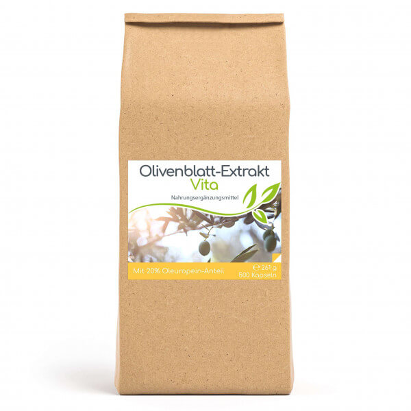 Olivenblatt-Extrakt Vita mit 20% Oleuropein-Anteil | 500 Kapseln Vorratsbeutel